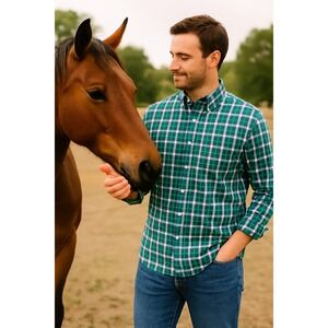 J.Crew Men's XL Shirt Slim Untucked Flex Washed Green Blue Plaid Button-Up